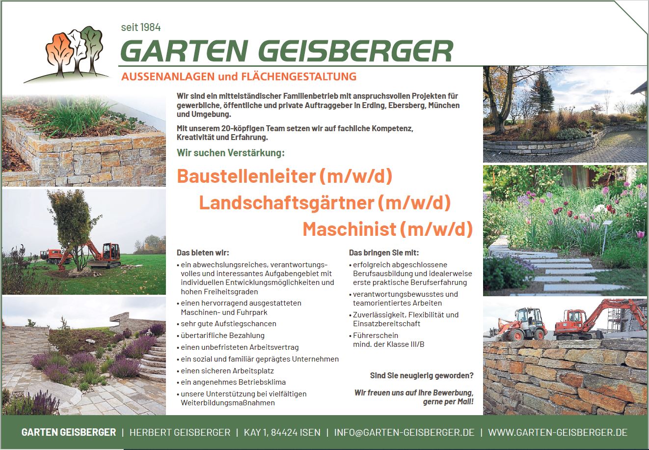 Unsere aktuellen Stellenangebote: Baustellenleiter (m/w/d), Landschaftsgärtner (m/w/d), Maschinist (m/w/d)